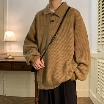 Вязаный Мъжки Пуловер с японски деколте Поло Ретро Оверсайз За двойки Свободен Пуловер Вязаный Пуловер Жилетка в корейски стил