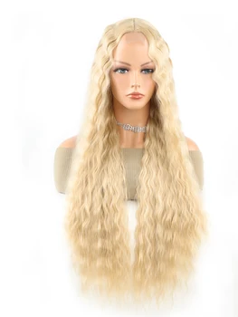 Синтетичен дълга перука, завързана с дълбоки swirls и златисто-кафява средна част omber color перука.