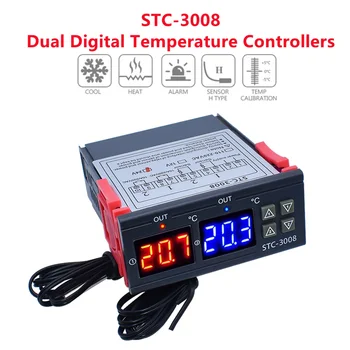Двоен Дигитален Регулатор на Температурата на STC-3008 С Две Релейными Изходи Нагревател с Термостат Сензор 12V 24V 220V Домашен Хладилник Cool Heat