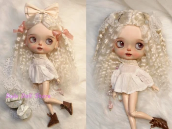 Куклени перуки Dula за Blythe Qbaby от естествен Мохера Малки рулончики Млечно бяла коса твърди шевовете за главата 9-10 инча