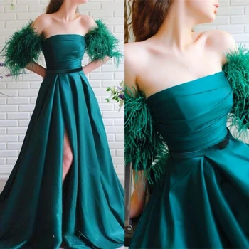 Елегантна бална рокля трапецовидна форма със зелени пера, вечерна рокля с открити рамене за жените, луксозно парти за рожден ден, сватба, тържествена парти, абитуриентски бал.