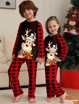 детски Коледен подарък от 2 теми, пижами с принтом лосове, отгоре с дълъг ръкав и панталони в клетката, удобно облекло за почивка за момчета