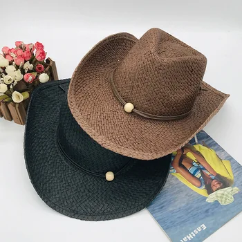 Ковбойская сламена шапка кафе цвят от лафита за мъже и жени, плажна шапка за пътуване, ковбойская шапка рицар в западен стил