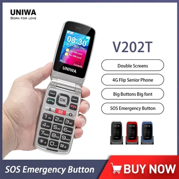 UNIWA V202T 4G Flip Senior Phone 2,4-инчов Двухэкранный Телефон С Функция за Бутона за Спешни повиквания 1450 mah, Голям Бутон За възрастните хора