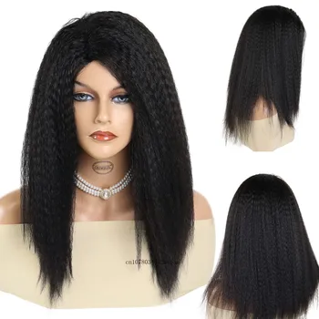 Синтетични права коса Яки дължина 22 инча, черни женски перуки с натурални стрижками, Нося къдрава перука, пухкави гъста линията на растеж на косата