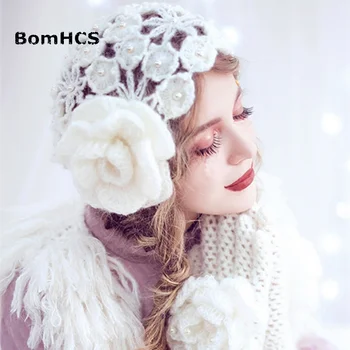 BomHCS, Нова шапчица Beautiful Lady ' s Sweet Flower with Pearls, Вязаная шапка 100% ръчно изработени ръкавици, ръкавици без пръсти