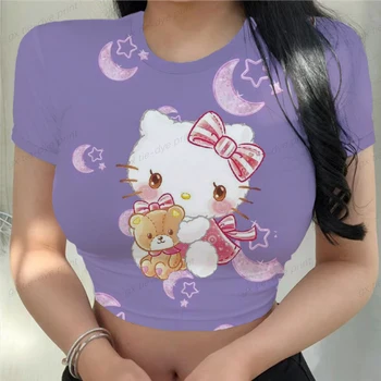 Секси Дамско тениска, Ежедневни съкратен върхове с кръгло деколте и къс ръкав, Лято 2023, принт Hello Kitty, Елегантни основни тениски y2k