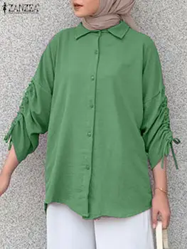 Мода есен блуза 2023 ZANZEA, дамски реколта риза с дълъг ръкав и завязками, Обикновена мюсюлмански върхове с Абайей Ейд Мубарак