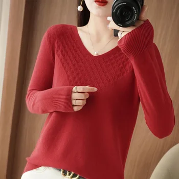 Жена вязаный пуловер от смес от чиста вълна, есен-зима, пуловер с V-образно деколте и с формата на диамант окото, всекидневни топ с однотонным дъното, кашмир женски пуловер