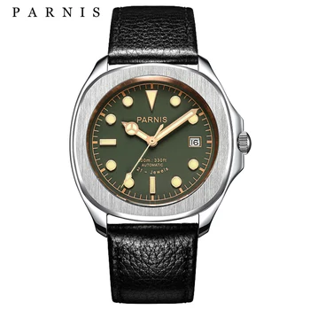 Нов модерен мъжки часовник Parnis с 40-миллиметровым зелен циферблат, кожен календар, сапфирен кристал, мъжки часовник reloj hombre