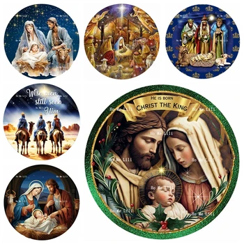 Коледа рождество сцени на Бебето Исус с Три Религиозните Мъдреци, Кръгла Метална Табела, Стенен декор