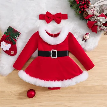 Коледен костюм за момиченца от 2 теми, зимна червен кръг силует, дълъг ръкав, кожа тапицерия, бархатное рокля-гащеризон + превръзка на главата, комплект дрехи за новородени