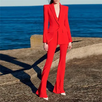 Висококачествен Нов модерен дизайнерски костюм-сако 2023 г., женски червен блейзър на една пуговице, костюм с изгорени панталони