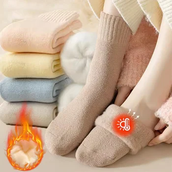 1 чифт женски Вълнени чорапи Есен Зима Топъл Сняг Маркрон Цвят на Дебели Плюшени Космати Меки Послеродовые чорапи Чорапи за спане на пода