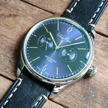 Моден кварцов часовник Vakuy VH64 с втора ръка стрелка, светлинен седмичен календар, мъжки часовник от естествена кожа, неръждаема стомана, сапфир стъкло