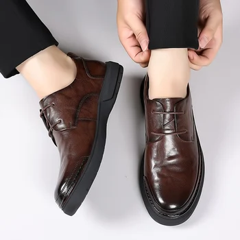 Мъжки кожени обувки, лека дишаща кожена обувки, модни и ежедневни обувки за възрастни хора с дантела, нескользящая удобни обувки с мека подметка