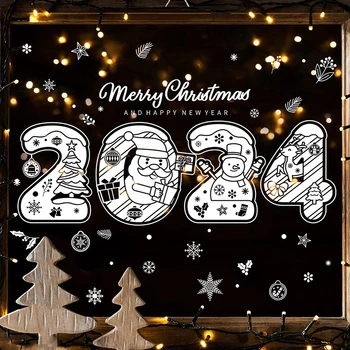 2024 Коледни Етикети В Прозореца С Коледа Дядо Коледа, Снежен Човек Лосове Коледно Дърво Стикер Коледна Украса За Дома Навидад