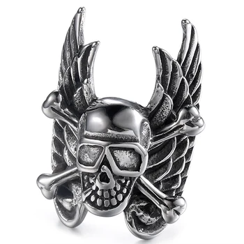 Пънк-готически пръстен с крила на Ангел от титанов стомана и пиратски череп за мъже, бижута в стил Рок, Размер 8-12