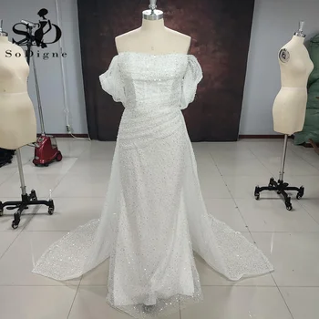 Елегантна сватбена рокля SoDigne с открити рамене 2022, сватбени рокли на Русалка с пайети, женствена рокля на булката по поръчка