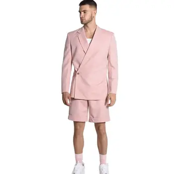 Годишният розово бельо мъжки костюм, сако с къси панталони, лека и дишаща плажна сватба облекло на младоженеца от 2 теми
