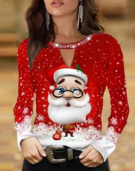 Дамски модни коледна тениска с принтом Дядо Коледа и снежинки с дълъг ръкав, просто дамски ежедневни дамски тениска с кристали