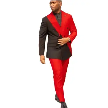 Мъжки костюми, черно-червена Мъжки облекла в стил Мозайка, Двубортный Смокинг за младоженеца на сватбата, бала, Смокинги, Кума, 2 броя, ушити по поръчка Яке + панталон