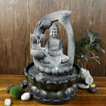 Вътрешен фонтан с водопад, Гледка към Фонтана за релаксация на офис масата с led подсветка, Статуетки Статуи на Буда от един Щастлив Фън шуй