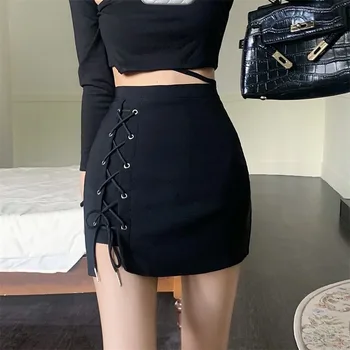 Секси стегнати черни мини-поли, дамски готически тънки пола с появата на асиметрични шнур, Y2K Lady, Корейската мода, градинска облекло