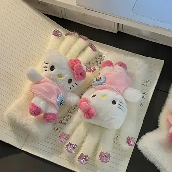 Топли ръкавици Hello Kitty Sanrio Kawaii Зимни мультяшные плюшени възли модерни ръкавици с пет пръста и дрелью