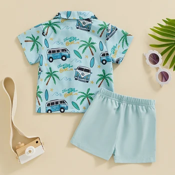 Комплект летни дрехи за малки момчета, летни върховете на копчета с принтом в стил бохо, риза, Комплект шорти, дрехи за момчета