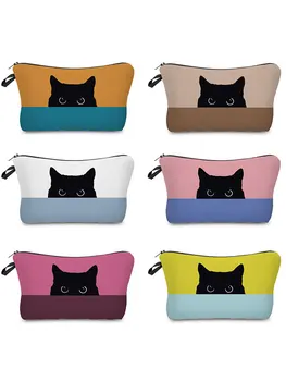 Двуцветен, женски козметични чанти Cat Portable косметичка за пътуване и почивка Здрава Удобна чанта за тоалетни принадлежности, Детски молив случай