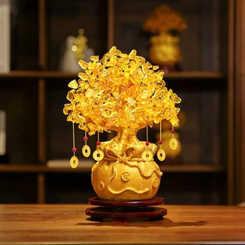 Дърво на късмет, богатство, Жълто Кристално дърво, орнаменти от естествен паричния дърво в стил бонсай, Богатство, Късмет, декорация на Фън шуй, плавателни съдове