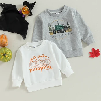 2023 Нови качулки на Хелоуин за деца, пуловери с писмото принтом под формата на тиква, върхове с кръгло деколте, връхни дрехи