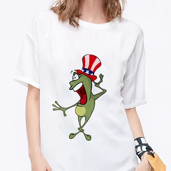 2019 Нова лятна хипстерская тениска с къс ръкав, дамски тениски с принтом жаби Kawai, бяла тениска с тънка цепка, дамски връхни дрехи