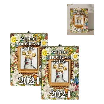 Календар Странни Medieval Котки в 2024 година, окачен календар за офис, подарък хартия, хартия с покритие за дома