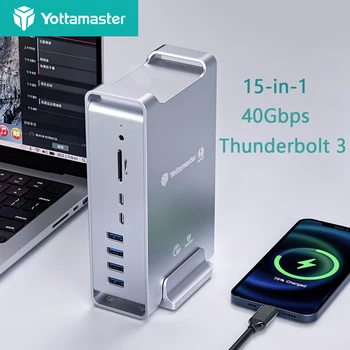 Yottamaster 15 в 1 Многопортовая зарядно устройство-hub Thunderbolt 3 Докинг станция Type C DP 8K 30HZ 4K 60HZ Video PD 60W за Зареждане на TF SD RJ-45