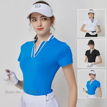 Лятна приталенная облекло Blktee, корейската женска риза за голф Dry Fit, спортни блузи с къс ръкав, дамски майк за тренировки с V-образно деколте, риза за почивка