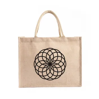 Изработена по поръчка черна чанта-тоут Flower of Life с дръжка Sacred Geometry Плажна чанта-тоут Flower of Life, персонални чанта-тоут от зебло