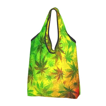 За многократна употреба цветовете на Rasta, листа, природа, чанта за пазаруване, сгъваеми опаковки за храни, да пере големи чанти-тоут