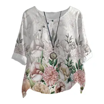 Дамски летни блузи с къс ръкав с флорални принтом и кръгло деколте, Реколта тънка лятна тениска 2024, Ежедневни свободна риза, Дамски дрехи