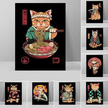 Японски Самурайски Котка Ramen Платно Картина Модерен Ретро Плакат и Анимационни Щампи на Животни Стенни Художествена Картина за Домашен Декор на стаята