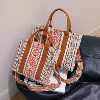 Дамска чанта-тоут с Бохемски Модел от Изкуствена кожа с Голям Капацитет в Контрастен Цвят, Дамска Чанта, Просто Популярните Модни Чанти През рамо
