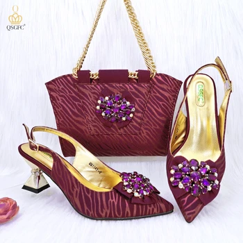 QSGFC на висок ток за дамите, ново записване, луксозни дизайнерски сватбени обувки пурпурен цвят с елегантен остър пръсти и чанта за парти