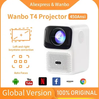 Проектор Wanbo T4 4K 1080P Full Hd Android 9,0 Мини Wifi С Автоматично Фокусиране 450Ansi Преносим Проектор За домашно кино
