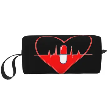 Изработена по поръчка чанта за тоалетни принадлежности във формата на сърце и таблетки за жени, органайзер за козметика, дамски чанти за съхранение на козметика, комплект Dopp Case Box