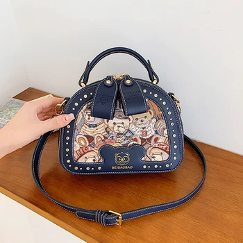 Стилна чанта през рамо марка BeiBaoBao за момичета, женствена чанта с нитове във формата на диаманти, с шарени хубава мечка, кръгла, дамска чанта-портфейл