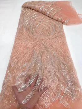 Праскова mesh материя с пайети в Африка Нигерия стил за сватба 2023, Висококачествена и Луксозна лейси плат с 3D цветя от френско шампанско и злато