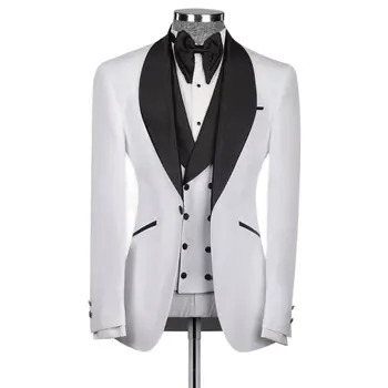 Официален мъжки костюм от 3 теми, бял Черен блейзър в стил мозайка, жилетки, панталони, комплекти, мъжки облекла, модно сватбена рокля за младоженците голям и висок растеж