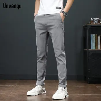 UNVANQU Класически Корейски Летни Нови Свободни Мъжки Тънки Панталони Slim Fit За Бягане С Еластичен Ластик На Талията Мъжки Бизнес Светло Сив 28-38 Голям Размер