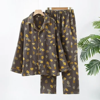 Есенна памучен мъжки жаккардовая пижама от двоен тензух с дълги ръкави, лесен костюм за домашен обслужване с ревери, панталони с еластичен ластик на талията, пижами
